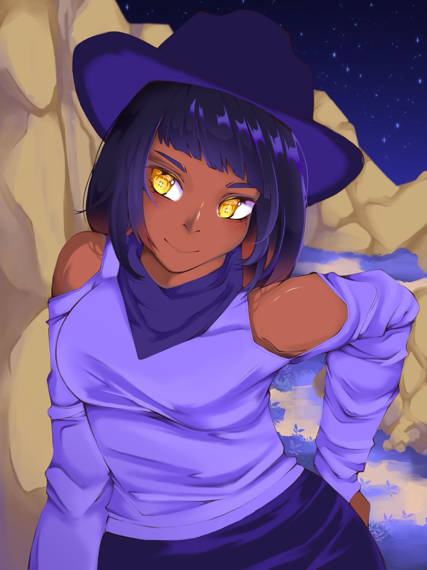 a girl stands in the dark on a mountain.